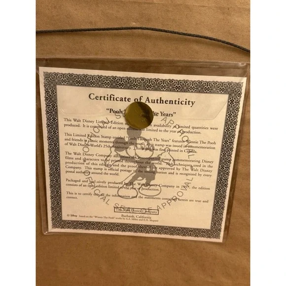 POOH THROUGH THE YEARS COMMEMORATION OF DISNEY WORLDS 25TH ANNIVERSARY COA FRAME